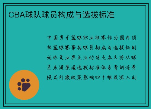 CBA球队球员构成与选拔标准